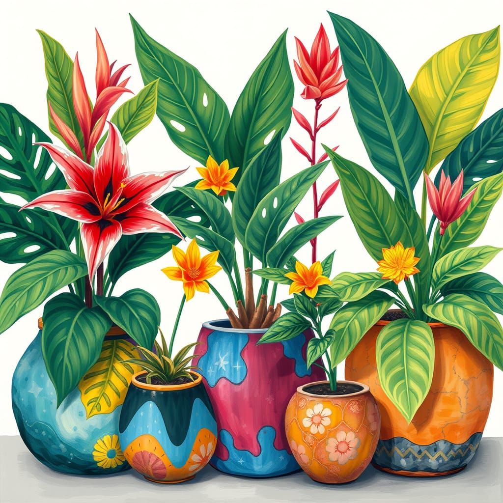 Exotic Houseplants in Funky Pots: Gouache Painting