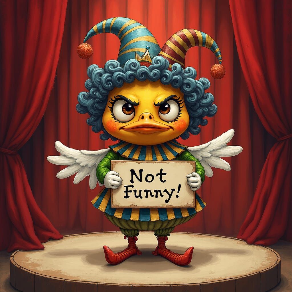 Grumpy Harlequin Chick on Stage, Whimsical Art