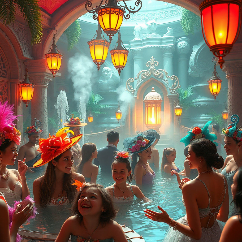 Whimsical Spa Party with Elaborate Hats in Fantasy Realism