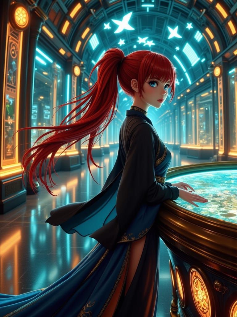 Anime Woman Glides Through Bioluminescent Atrium