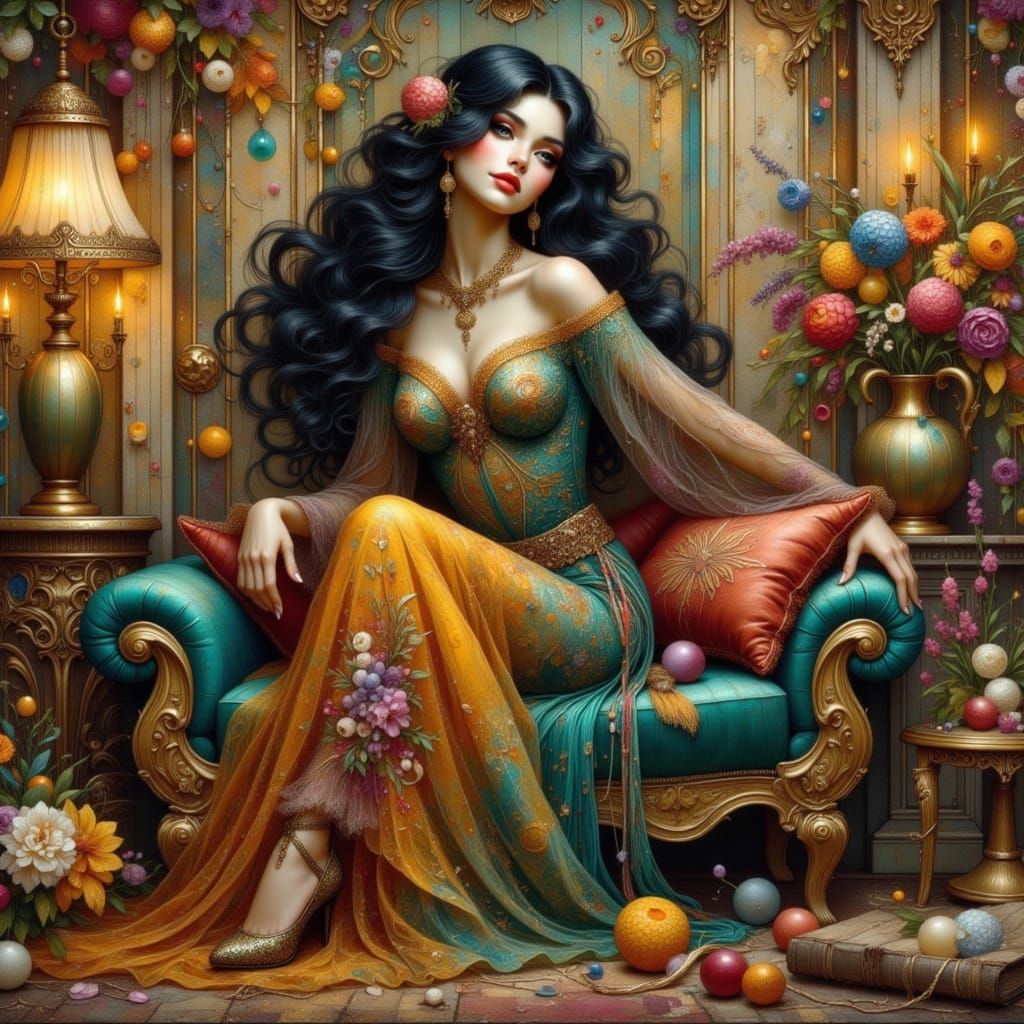 Raven-Haired Woman in Art Nouveau Sitting Room