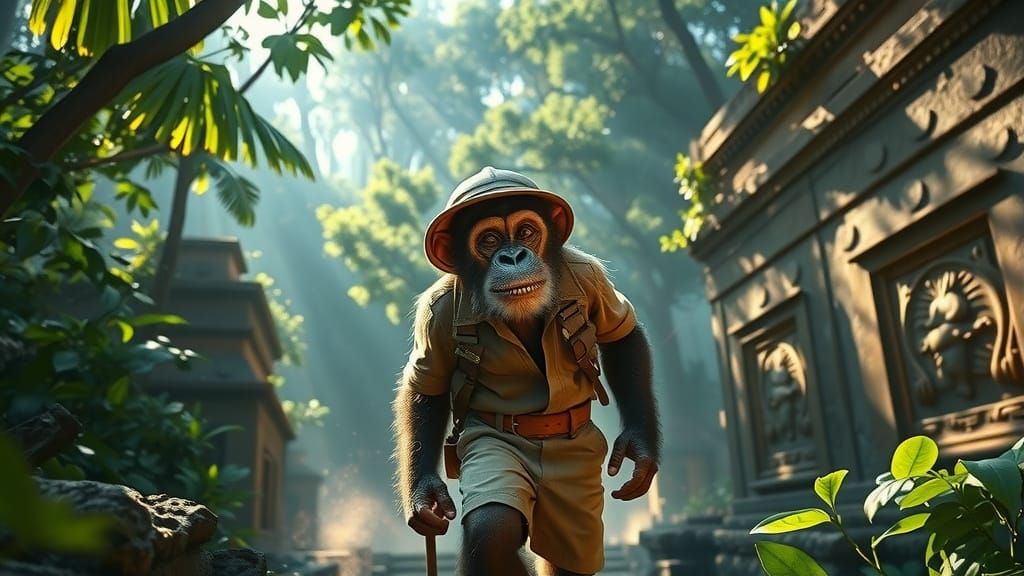Funny Chimp Explorer in Lost Jungle City Ruins