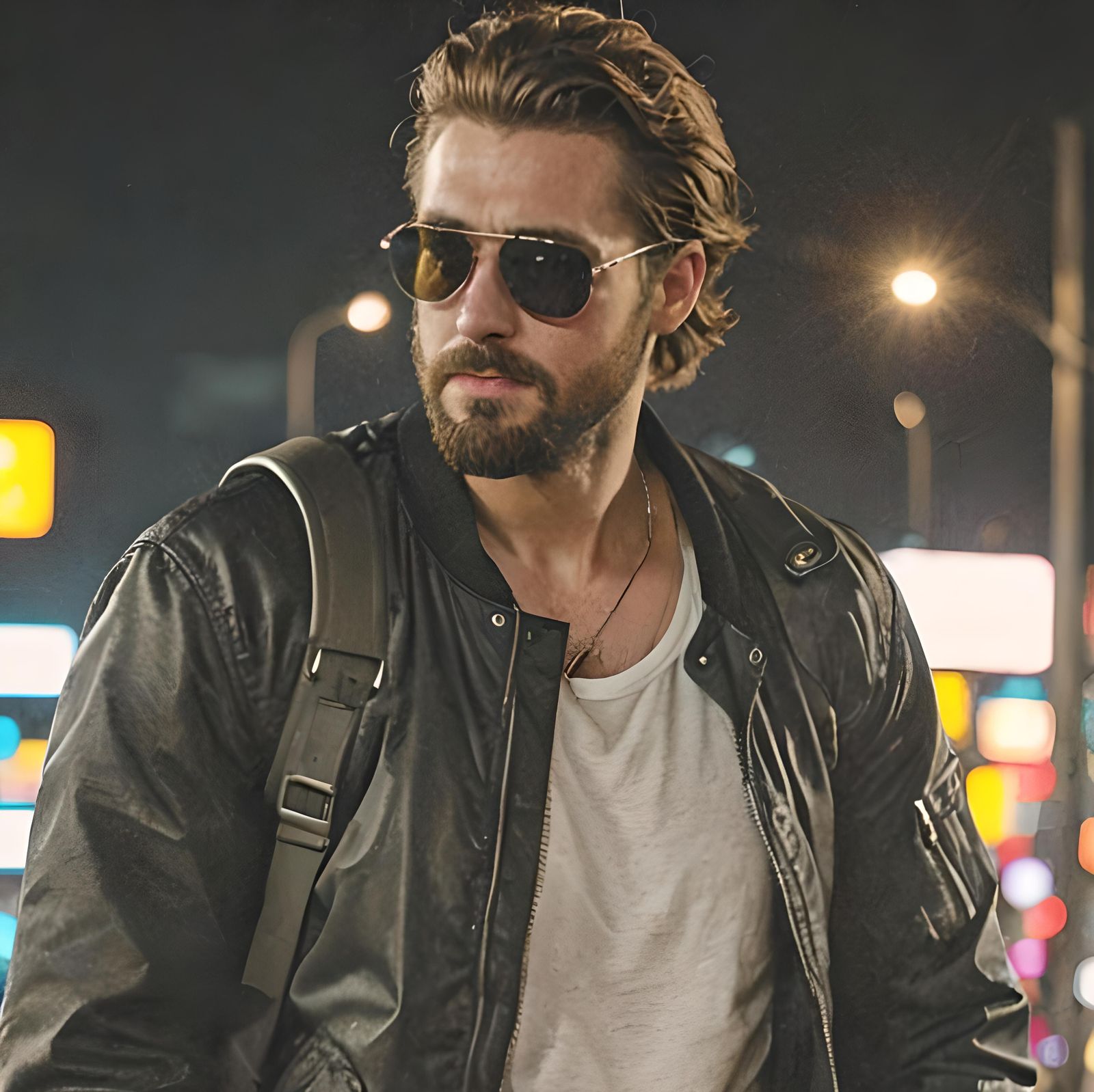 Night Portrait of Man in Bomber Jacket, Photorealistic