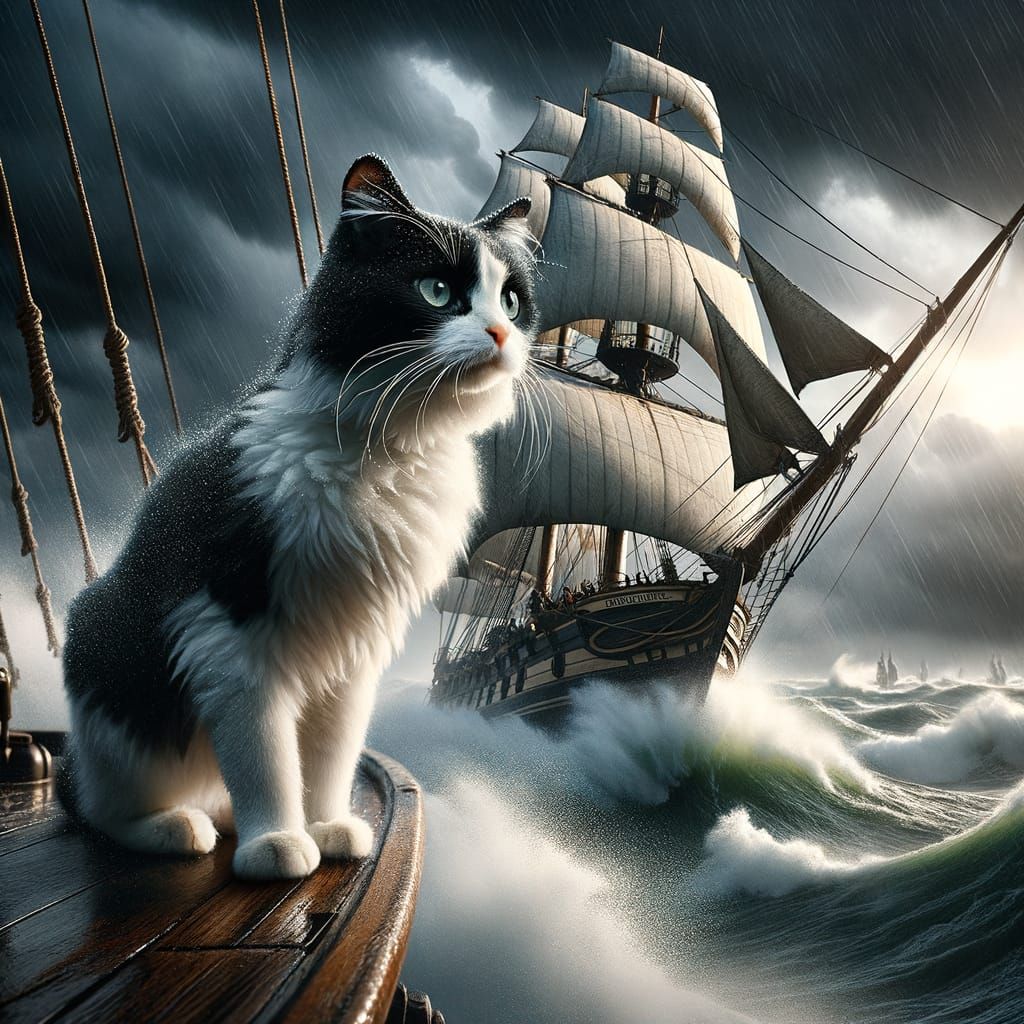 Valiant Tuxedo Cat in Stormy Seas