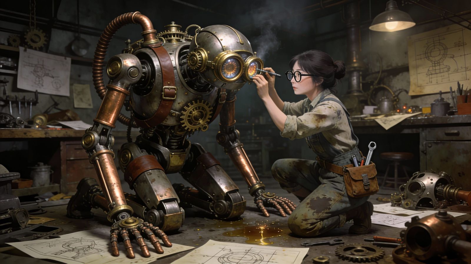 Steampunk Robot Repaired in Inventor's Lab