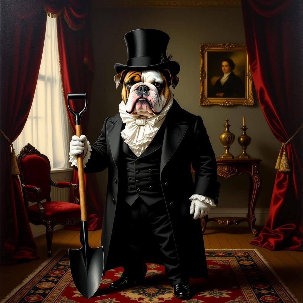Undertaker Bulldog in Victorian Parlor Oil Painting