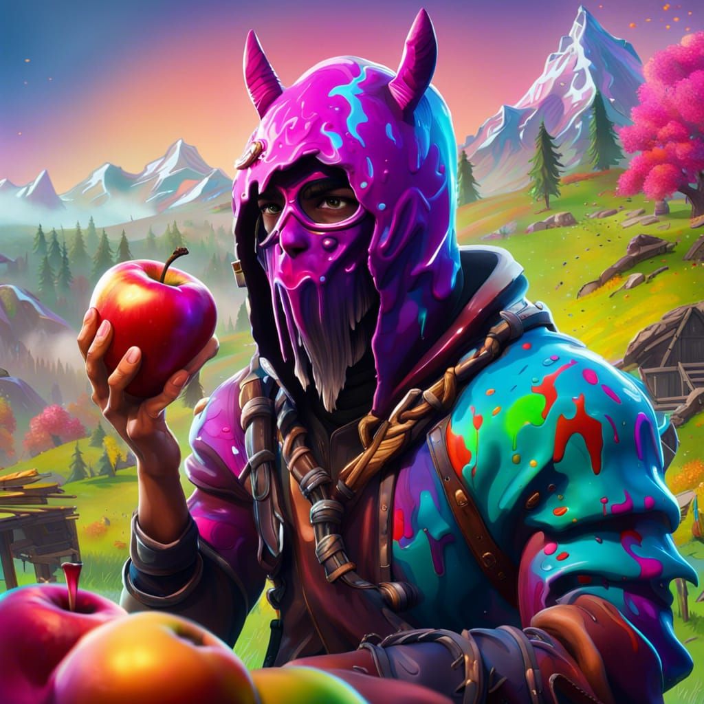 Fortnite Character Enjoys Apple in Mystical Landscape