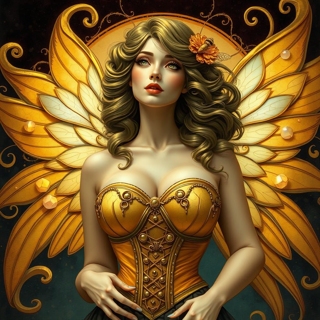 Bee Goddess in Golden Honeycomb Corset with Iridescent Wings