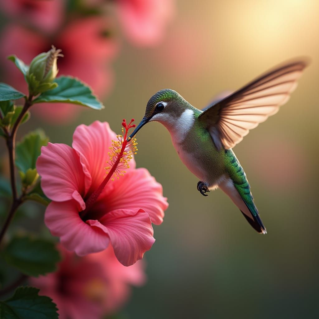 Hummingbird Sipping Nectar from Hibiscus Flower