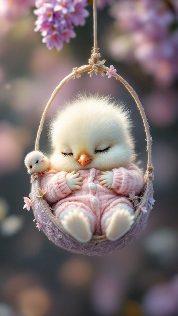 Baby Chick Asleep in Lilac Flower, Whimsical Illustration