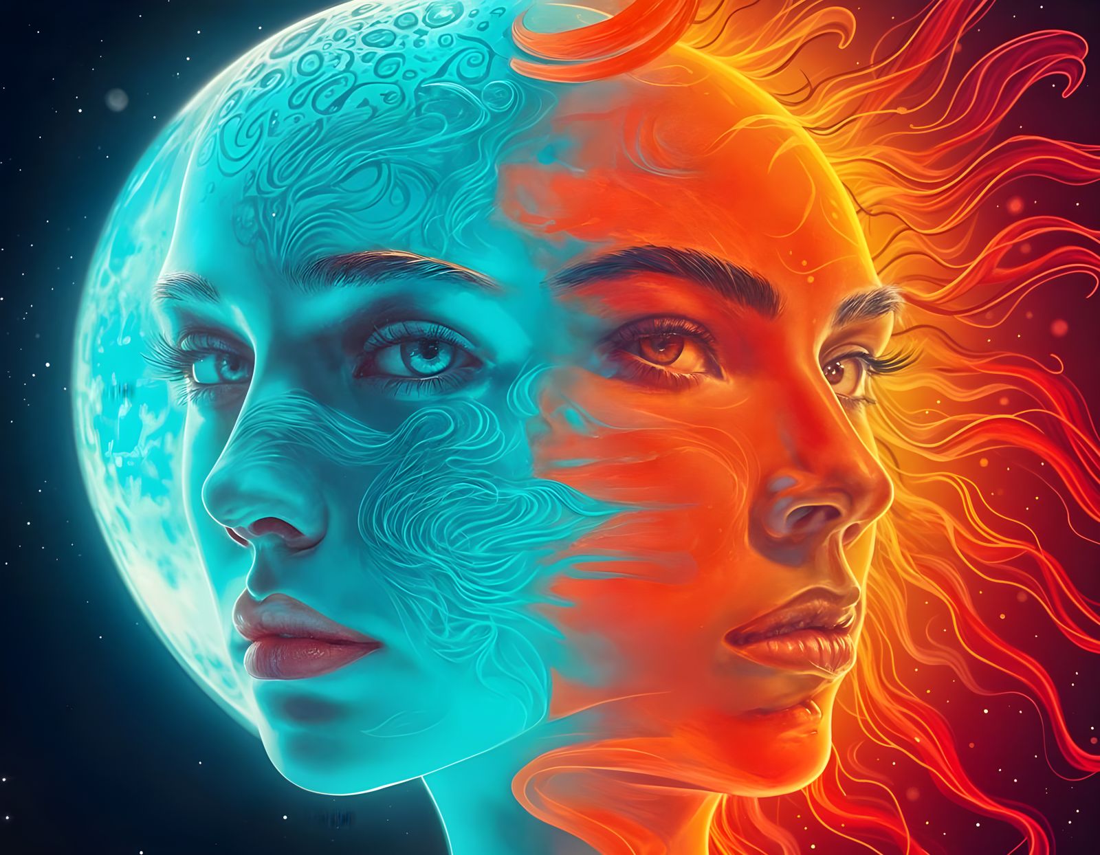 Cosmic Dance: Sun and Moon Faces in Neon Lights