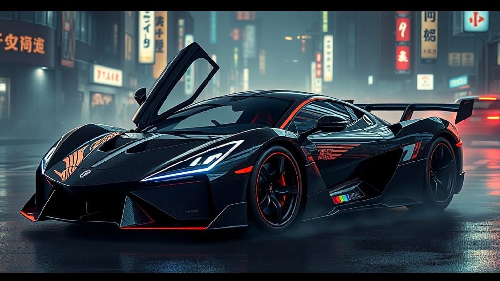 Futuristic Carbon Fiber Exotic Car with Gull-Wing Doors in N...