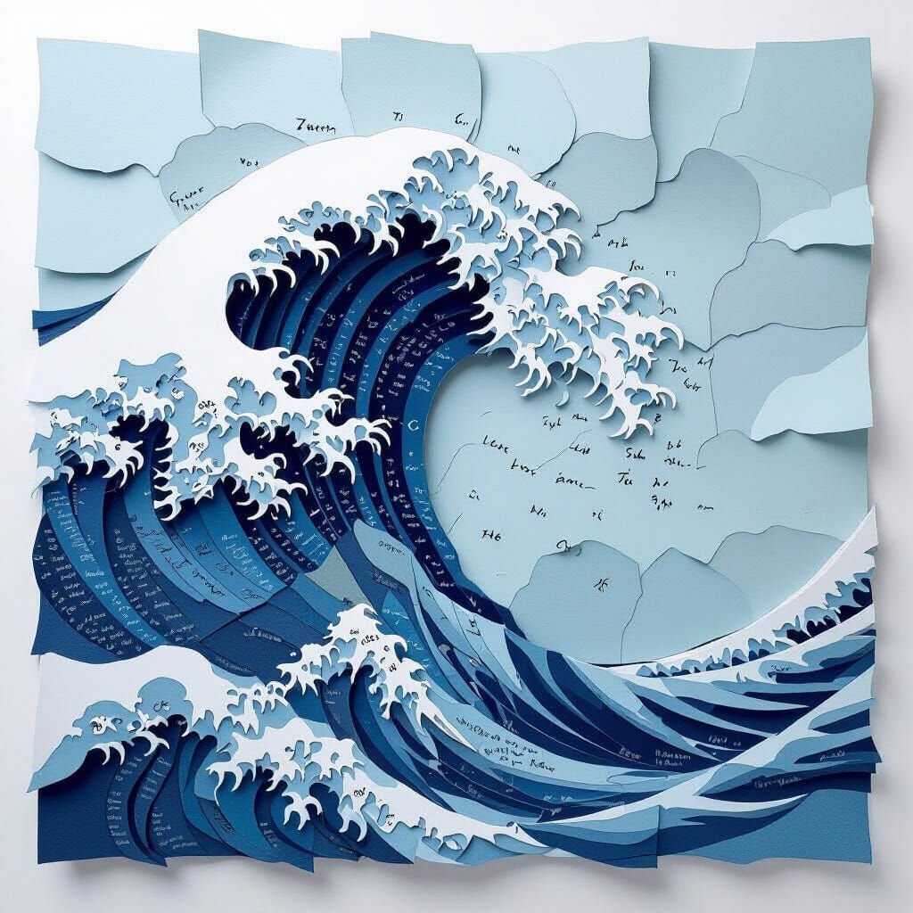 Monochrome Ocean Wave of Poetic Paper Strips