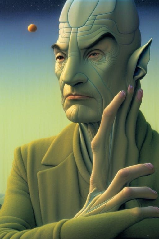 Spock and Data in Dreamlike Sci-Fi Landscape