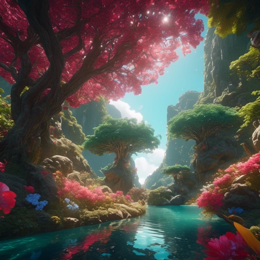 Lush Garden of Eden with Gemstones and Sandy Beaches