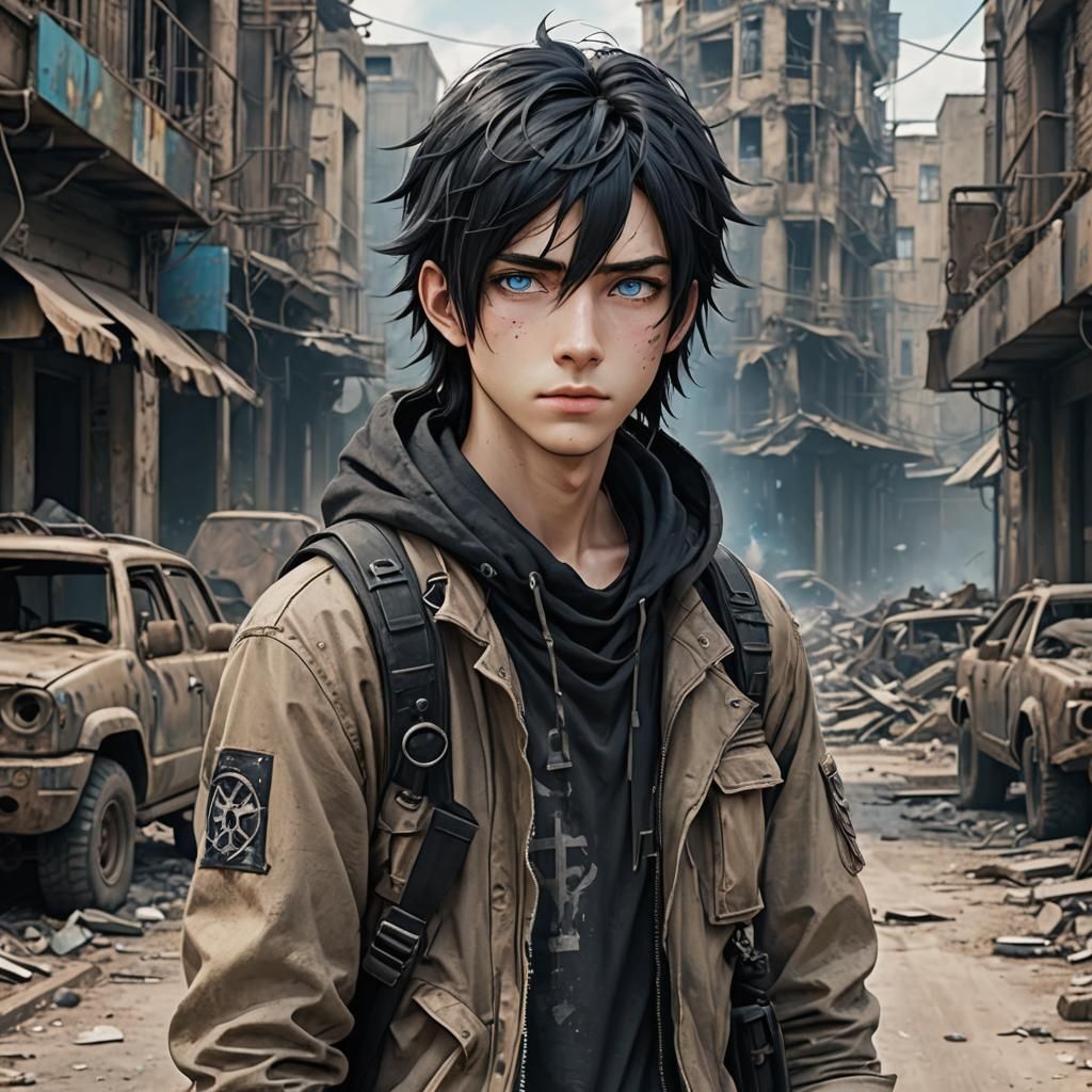 Handsome Anime Man in Post-Apocalyptic Street