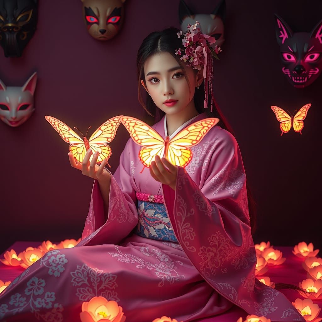 Japanese Girl with Golden Butterflies in Fantasy Style