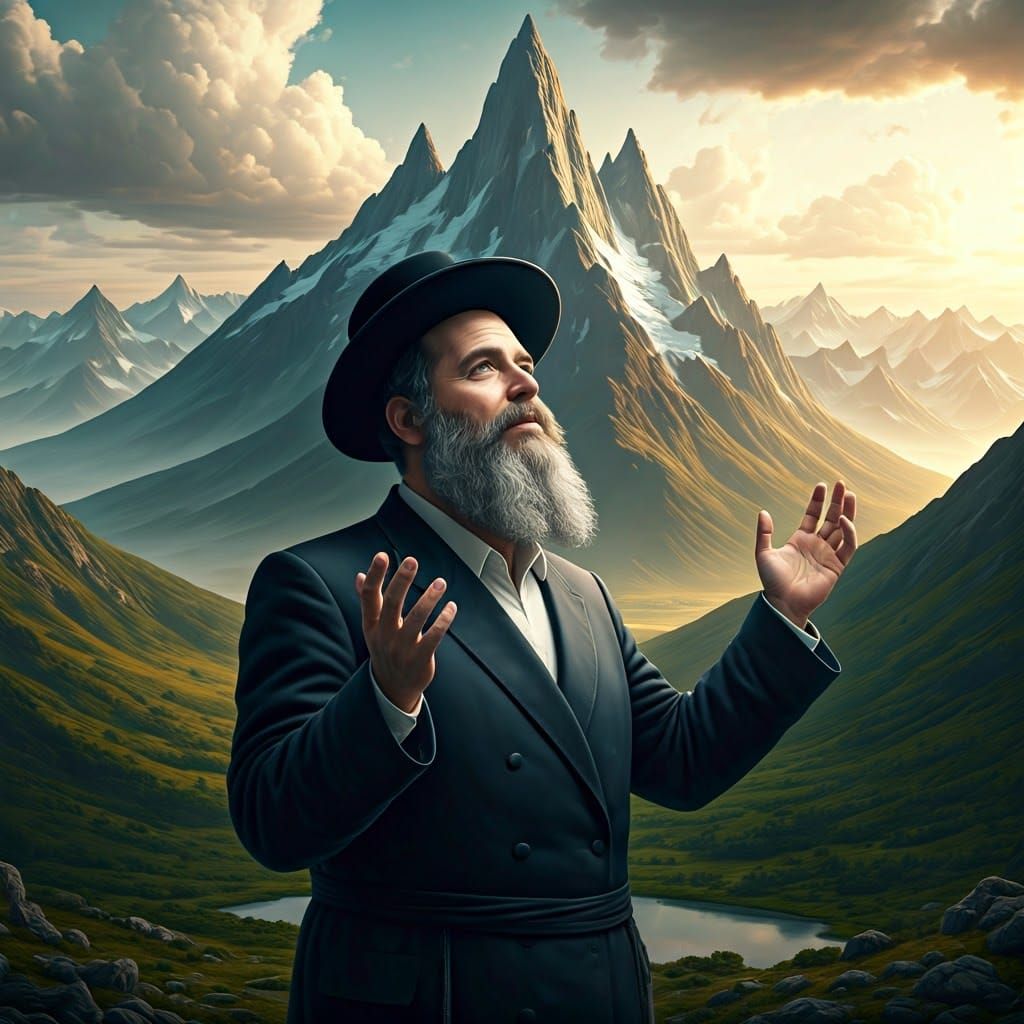 Hasidic Rabbi in Contemplation Amid Majestic Mountains
