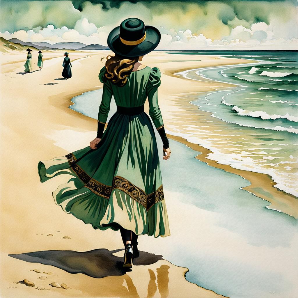 Woman in Gold Dress: Art Nouveau Rococo Watercolor