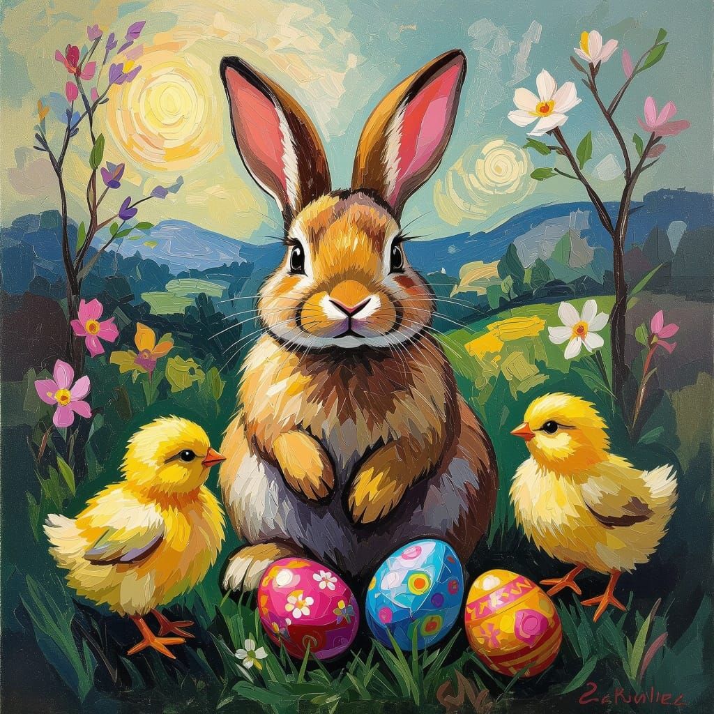 Easter bunny, eggs, chicks, neo-impressionism expressionist style oil painting, smooth post-impressionist impasto acryli...