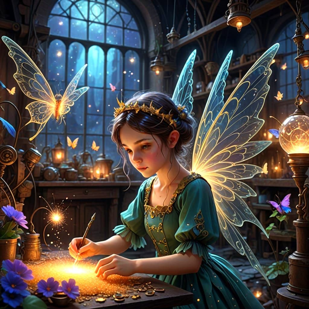 Pixie Fairies Making Pixie Dust in Magical Factory