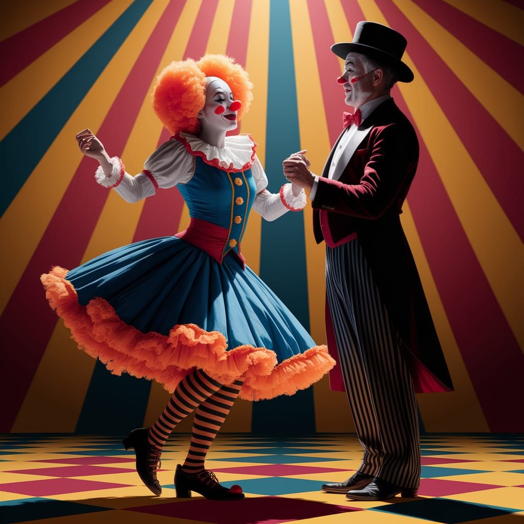 A female clown a large orange wig and red nose, dancing unde...