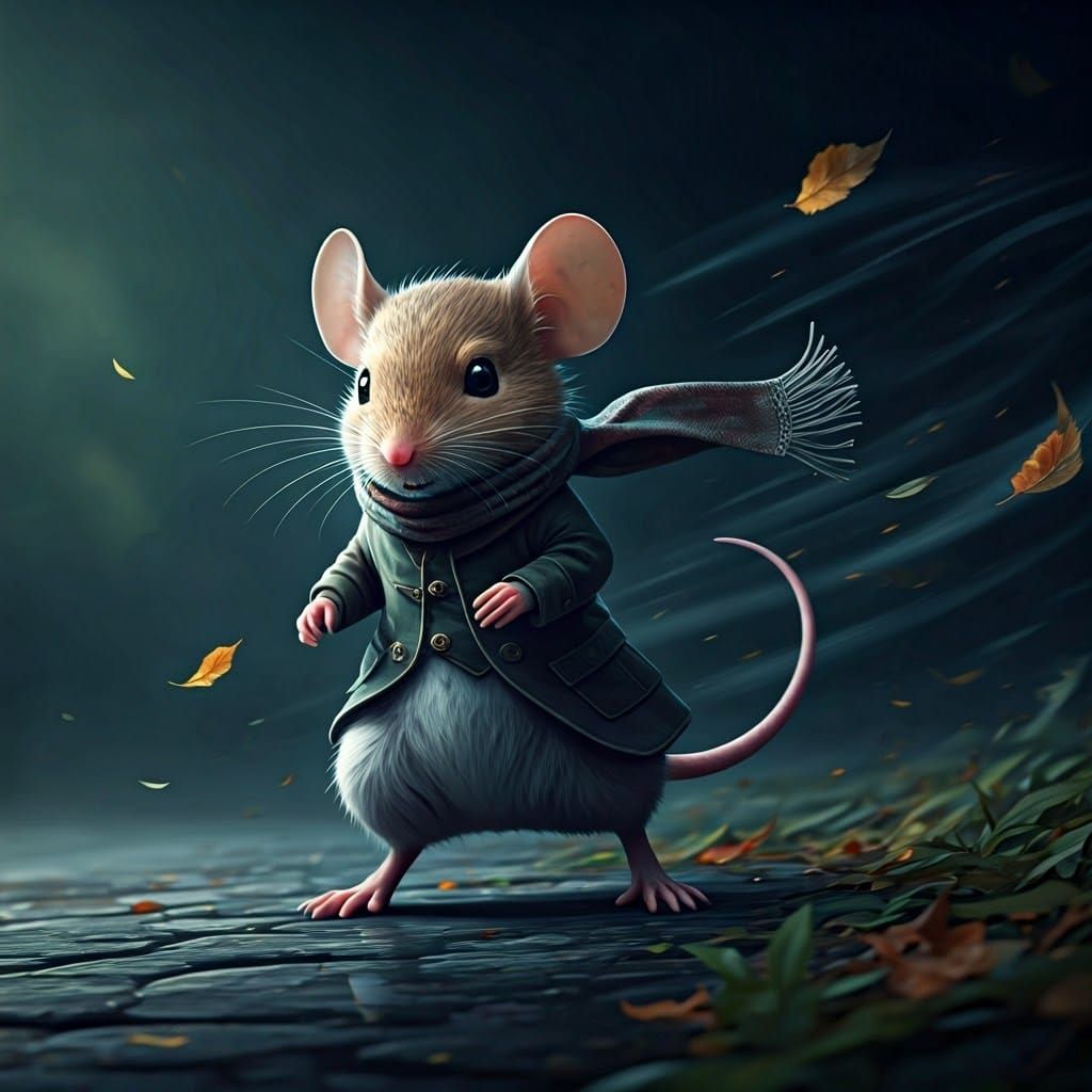 Mouse Struggles Against Wind in a Storm