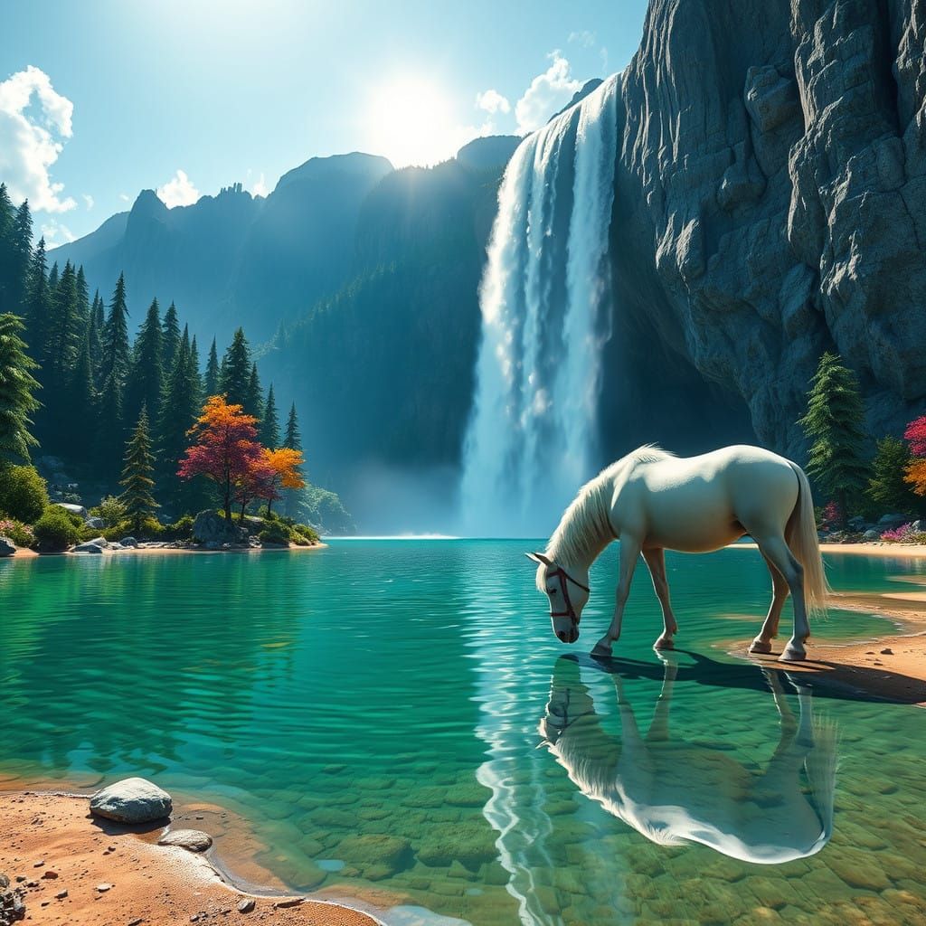 Epic White Horse Scene in Emerald Lake Paradise