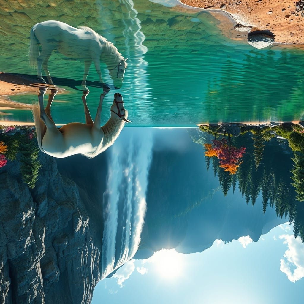 Epic Waterfall Scene with Emerald Lake and White Horse