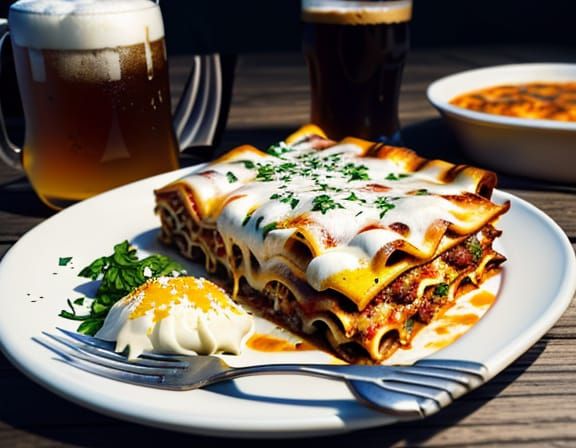 Gourmet Lasagna and Root Beer Food Photography