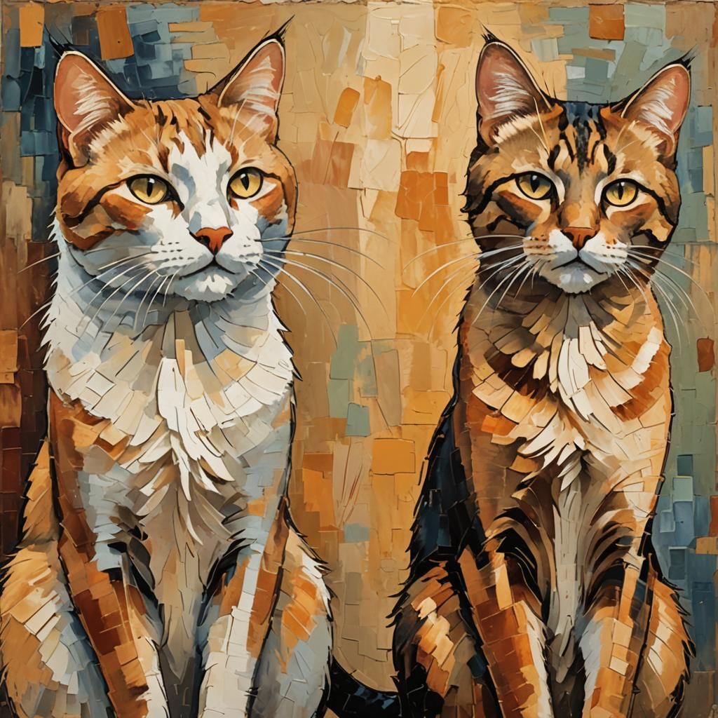 Fauvist Cats Portrait with Elongated Necks