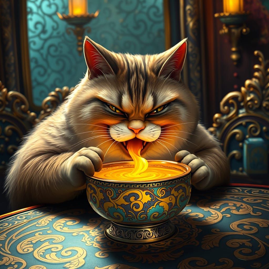 Whimsical Fat Cat Savoring Golden Soup in Baroque Setting