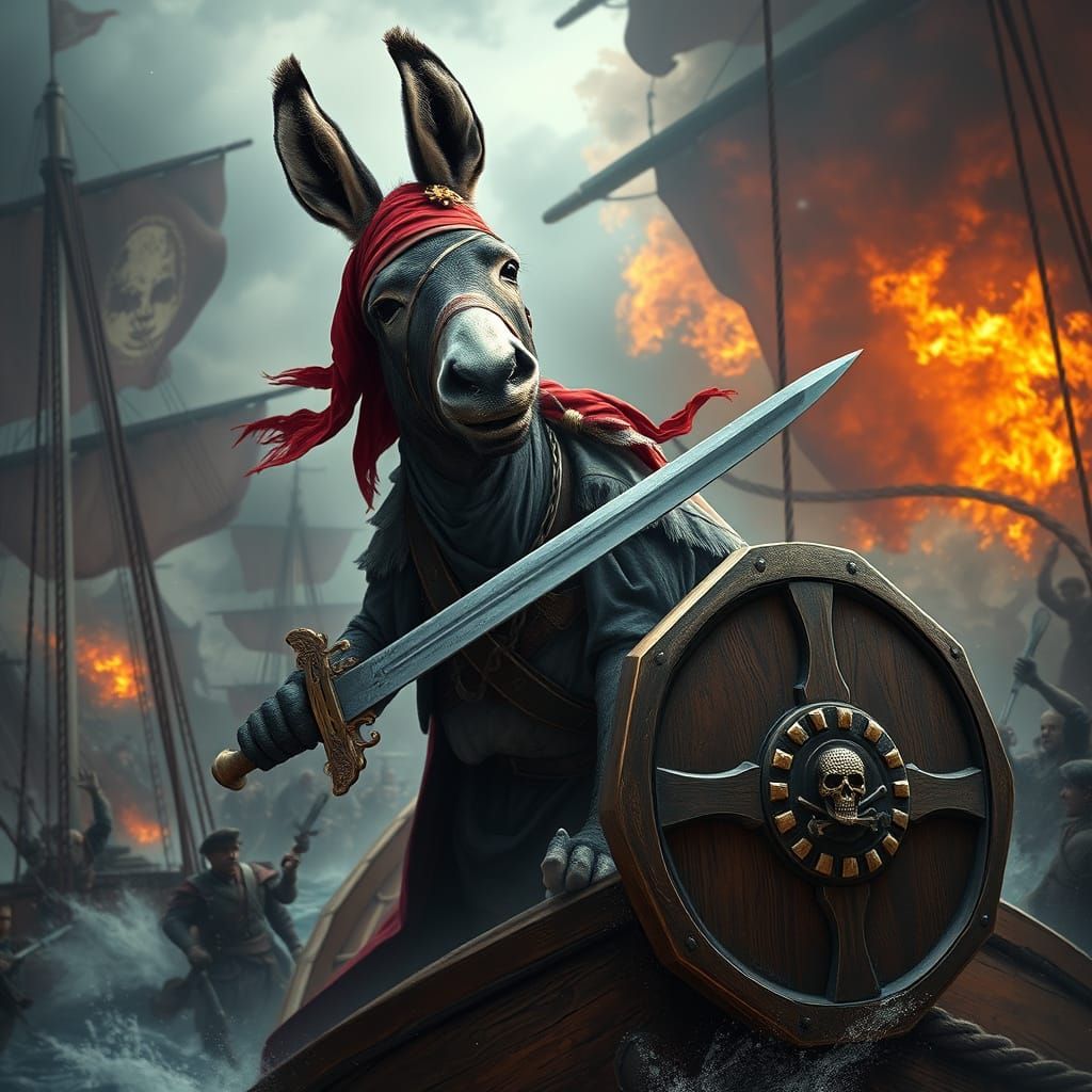 Pirate Donkey Leads Ship Boarding Action: Photorealistic Sty...