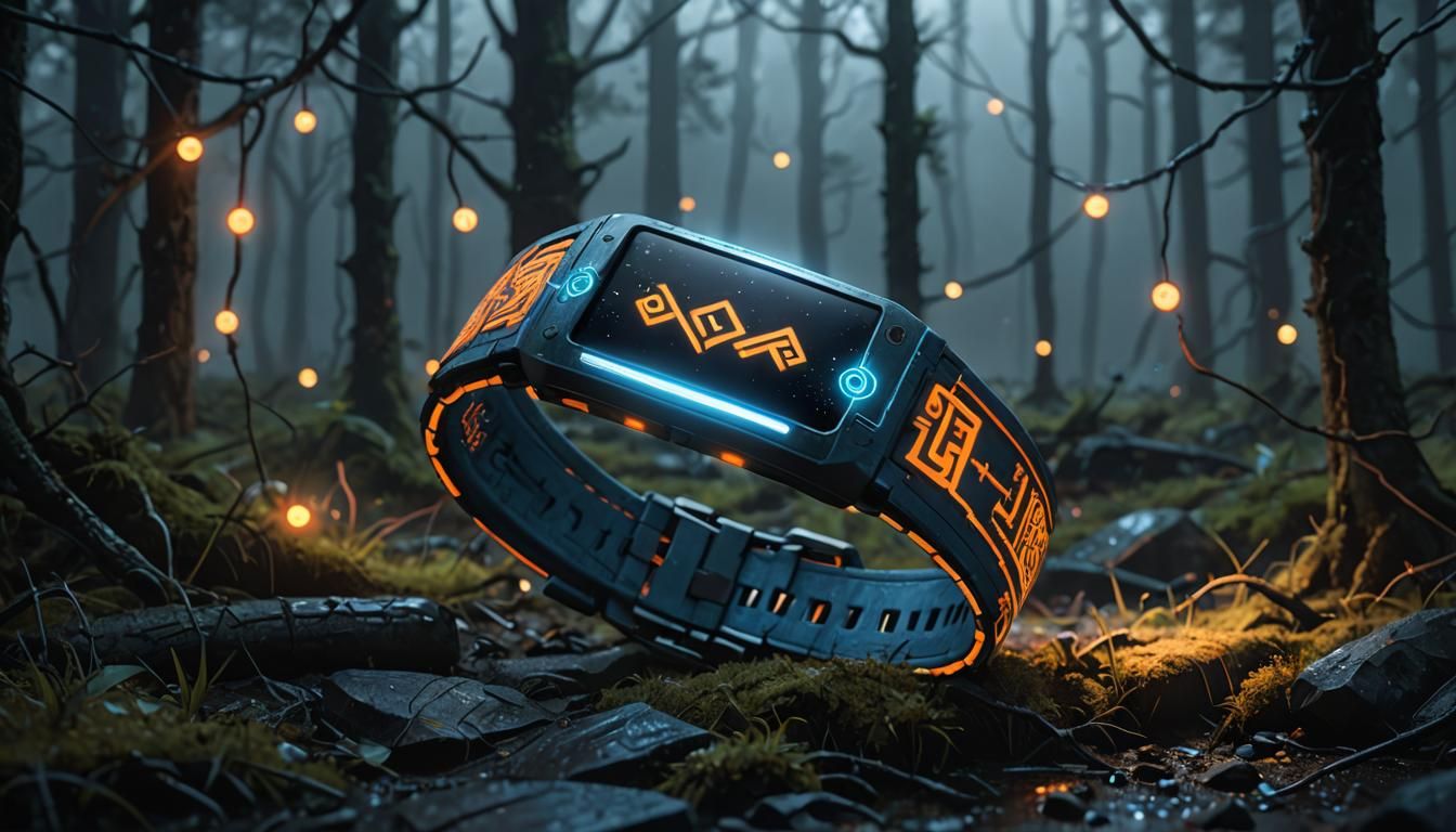 Futuristic Wristband in Misty Forest: Concept Art