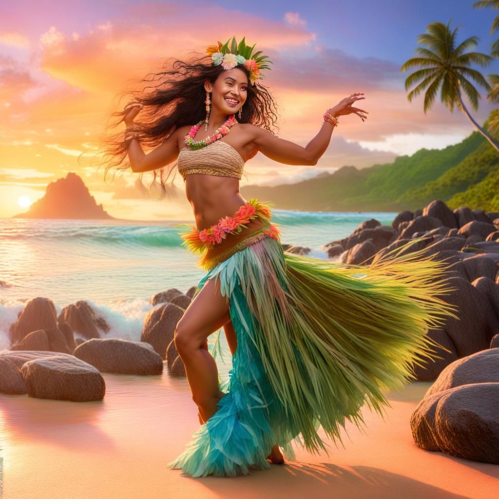 Polynesian Dancer on Tropical Beach at Sunset