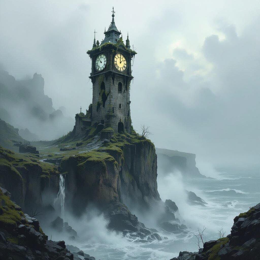A decrepit, abandoned clock tower stands on a jagged, rocky cliff, battered by relentless waves and shrouded in a perpet...