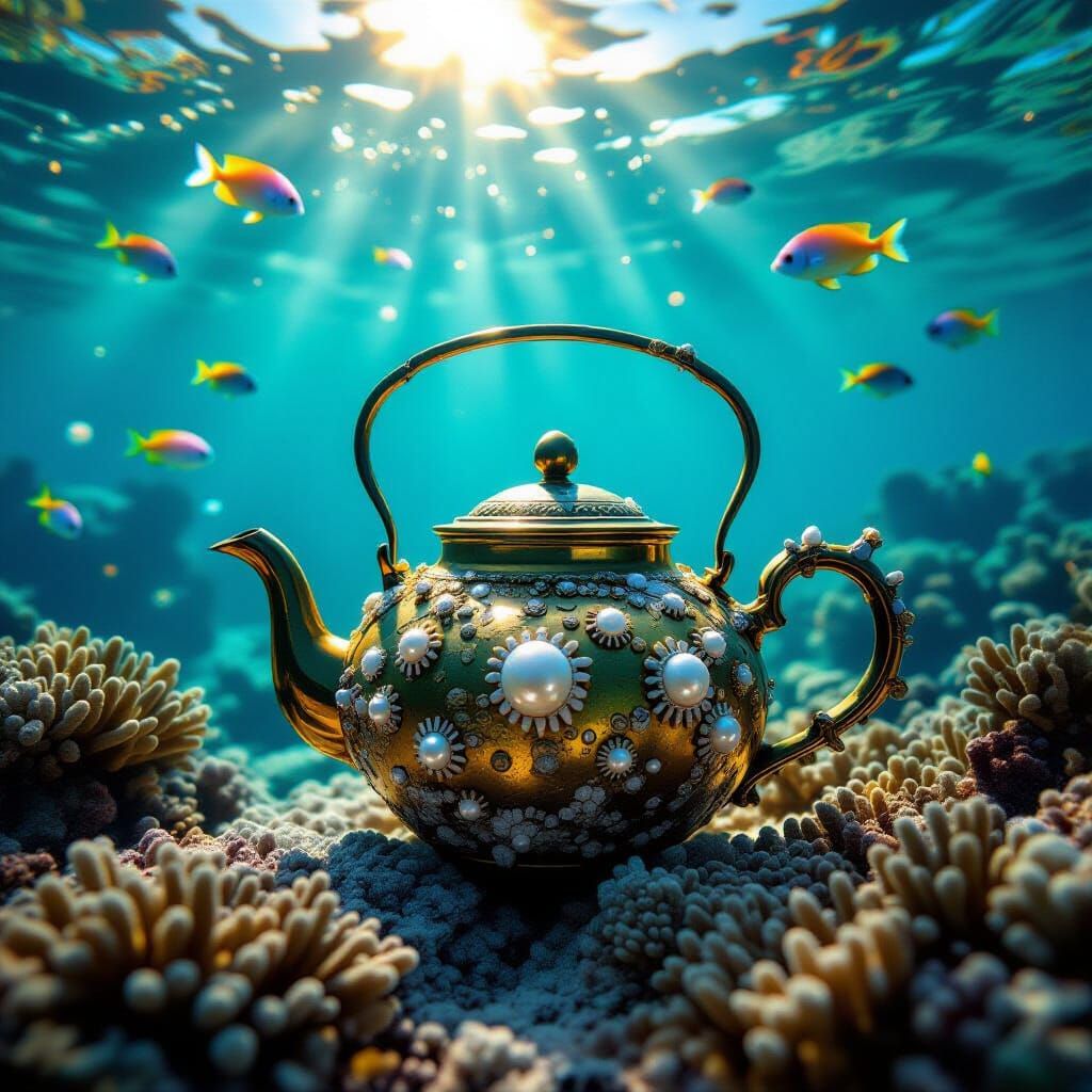 Vintage Teapot on Coral Reef with Bioluminescent Fish