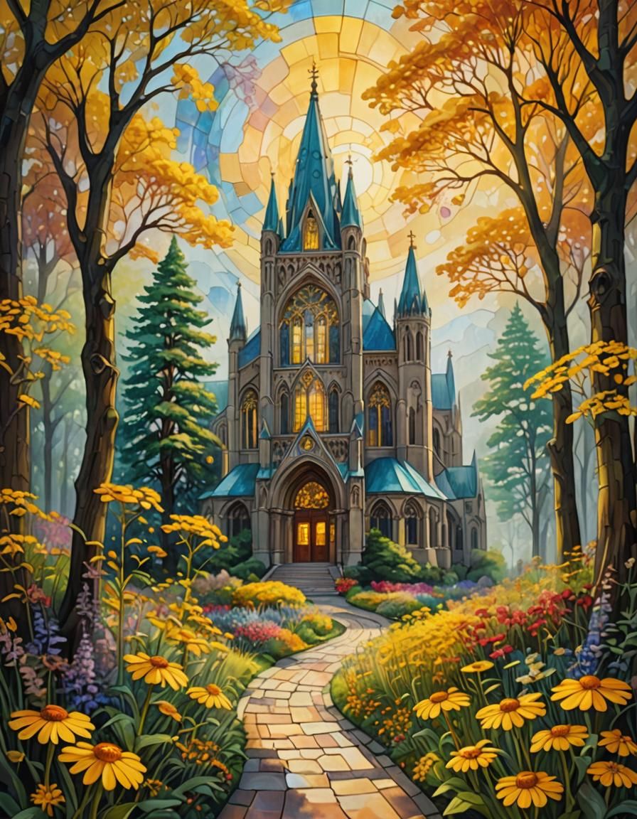 Cathedral with Yellow Flower in Ethereal Light
