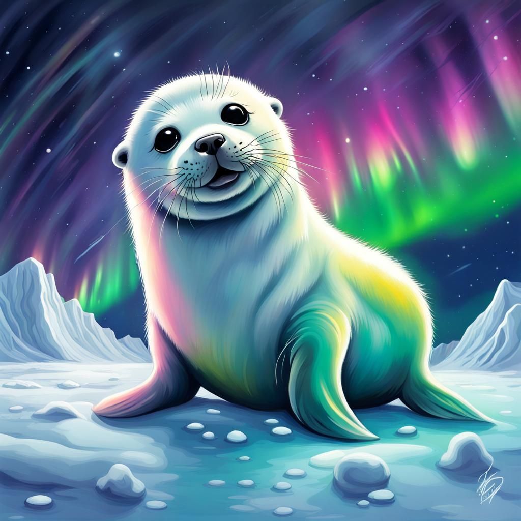Baby Seal Watches Northern Lights in Graffiti Art