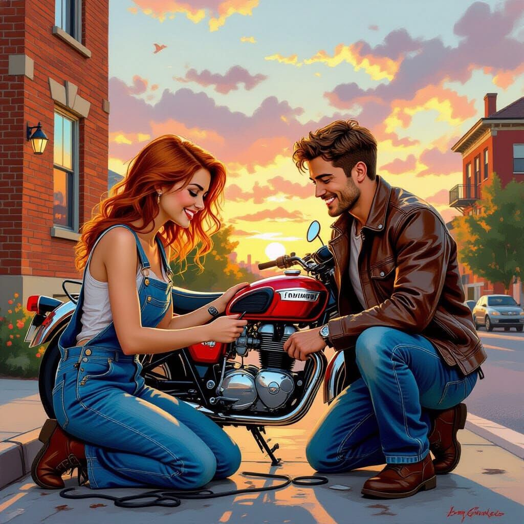 Motorbike Repair Date in Old Master Style