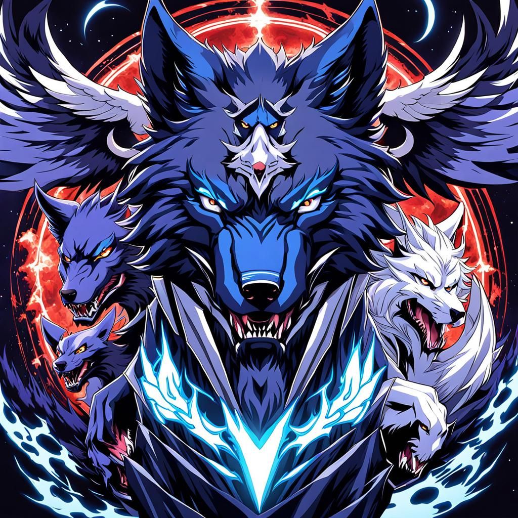 Three-Headed Wolf: Demon, Angel, Cosmic in Anime Style