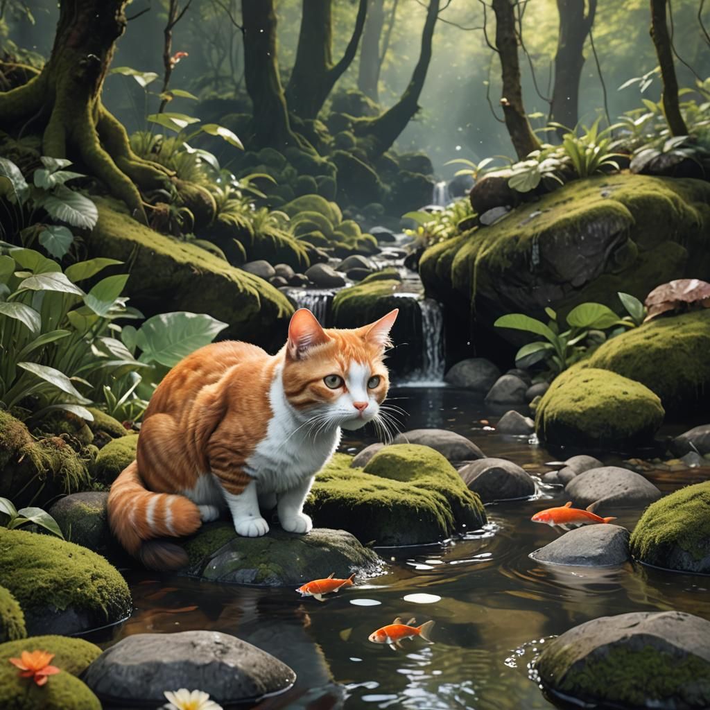 Ginger Cat by Brook with Koi Fish