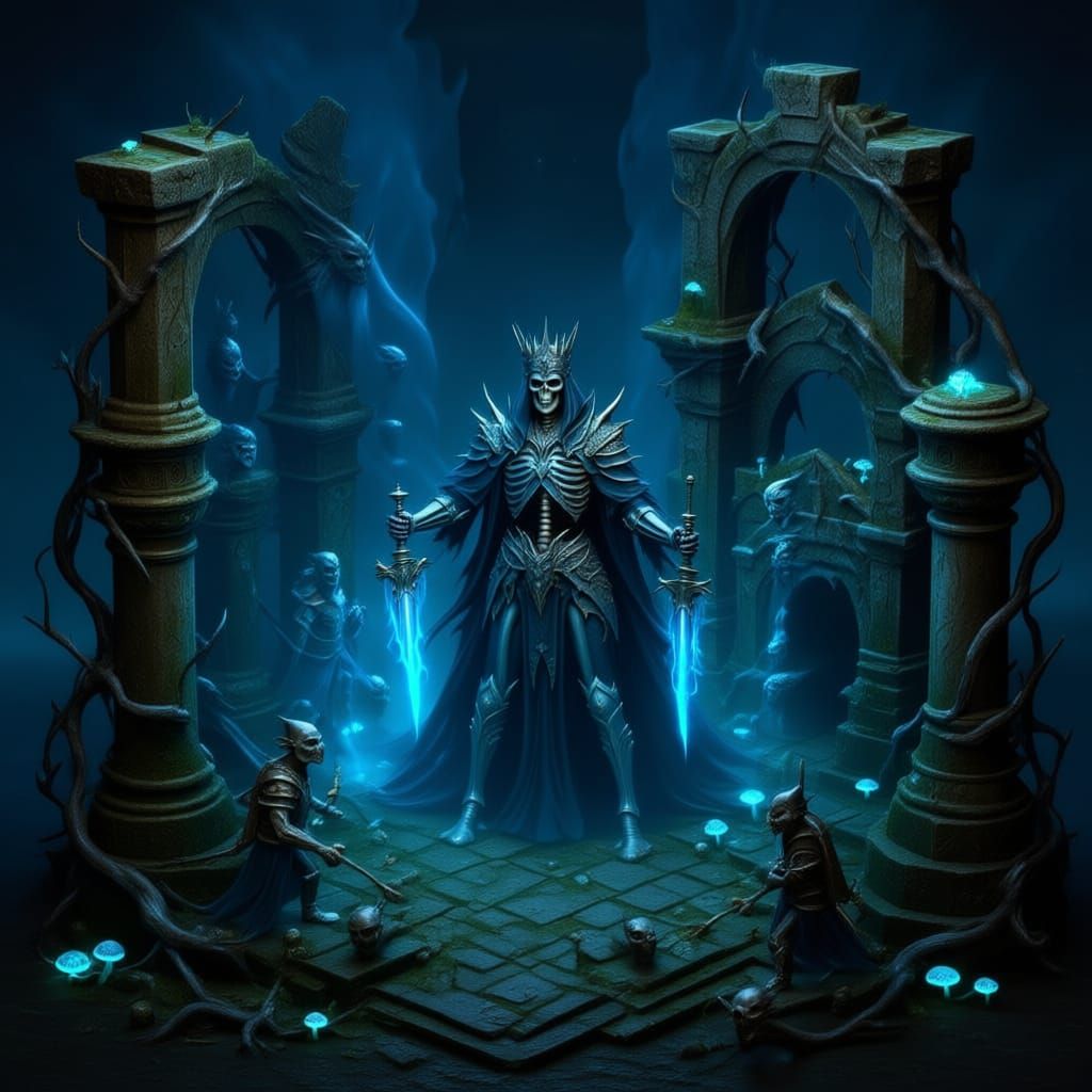 Ancient Temple Diorama with Spectral Warriors and Fungi