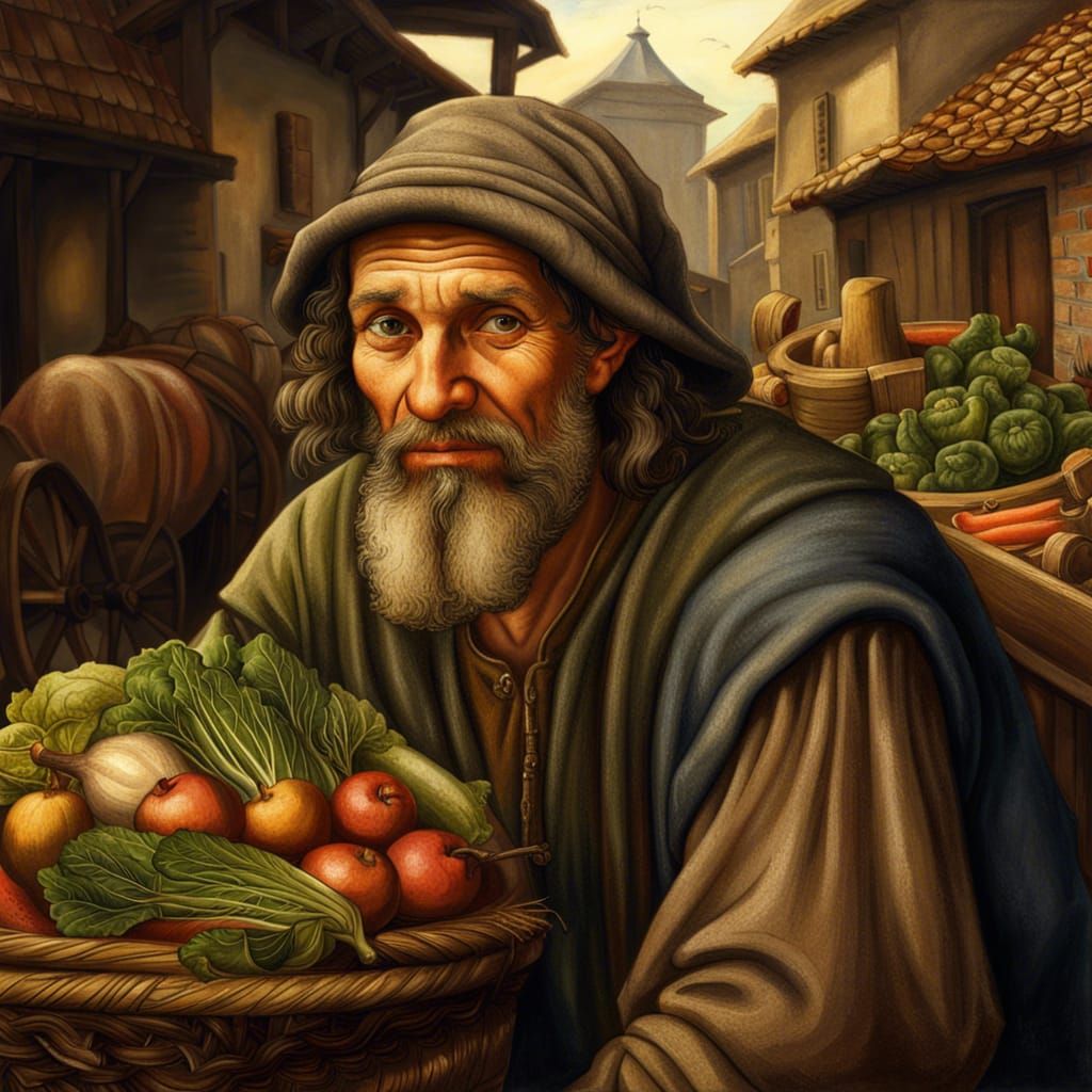 portrait of a poor medieval peasant with vegetable