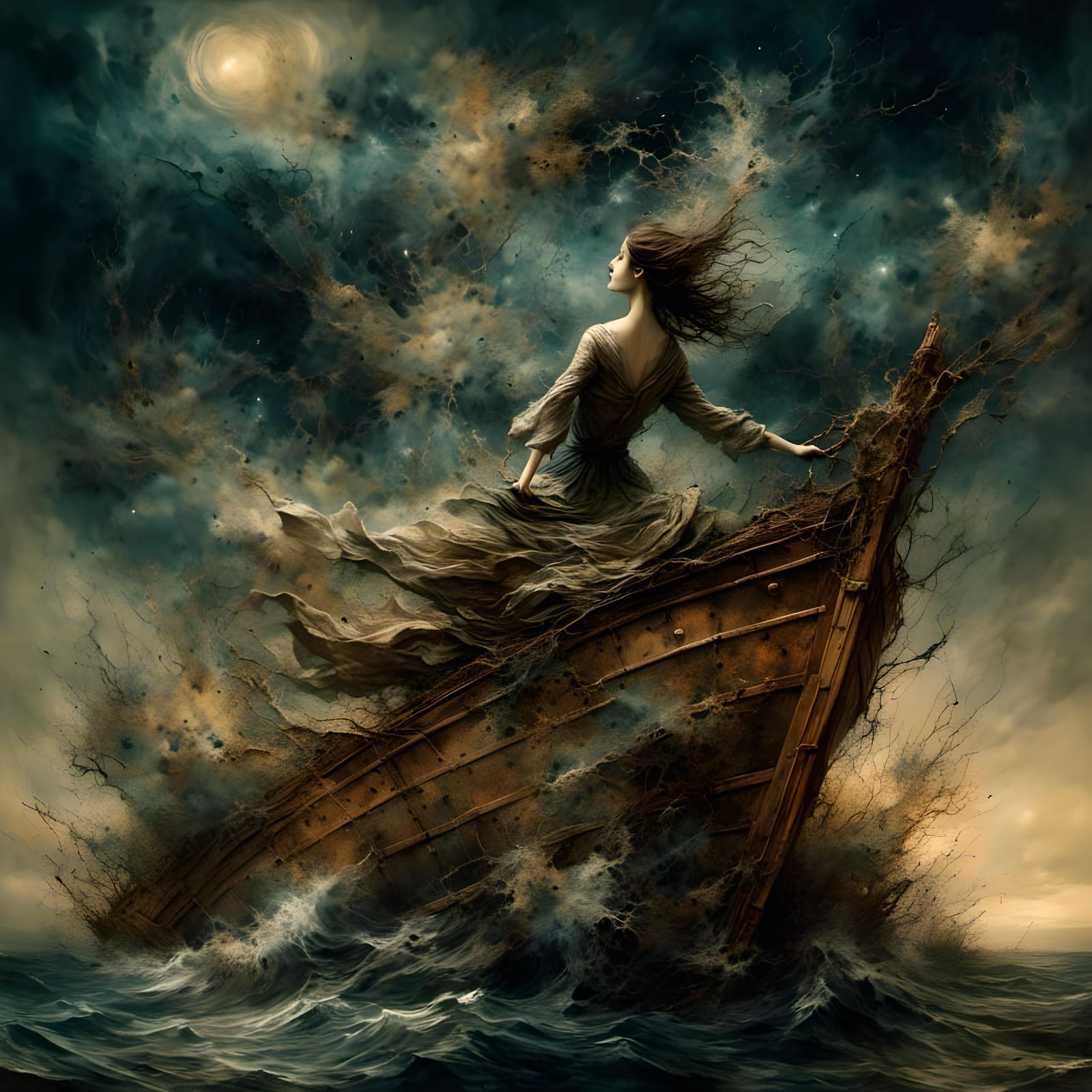 Moonlit Ship on Rough Seas: A Fantasy Voyage