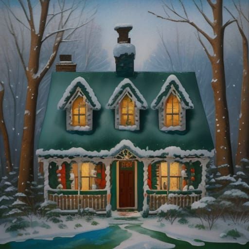 Tiny Gingerbread House in Snowy Landscape Gouache Painting