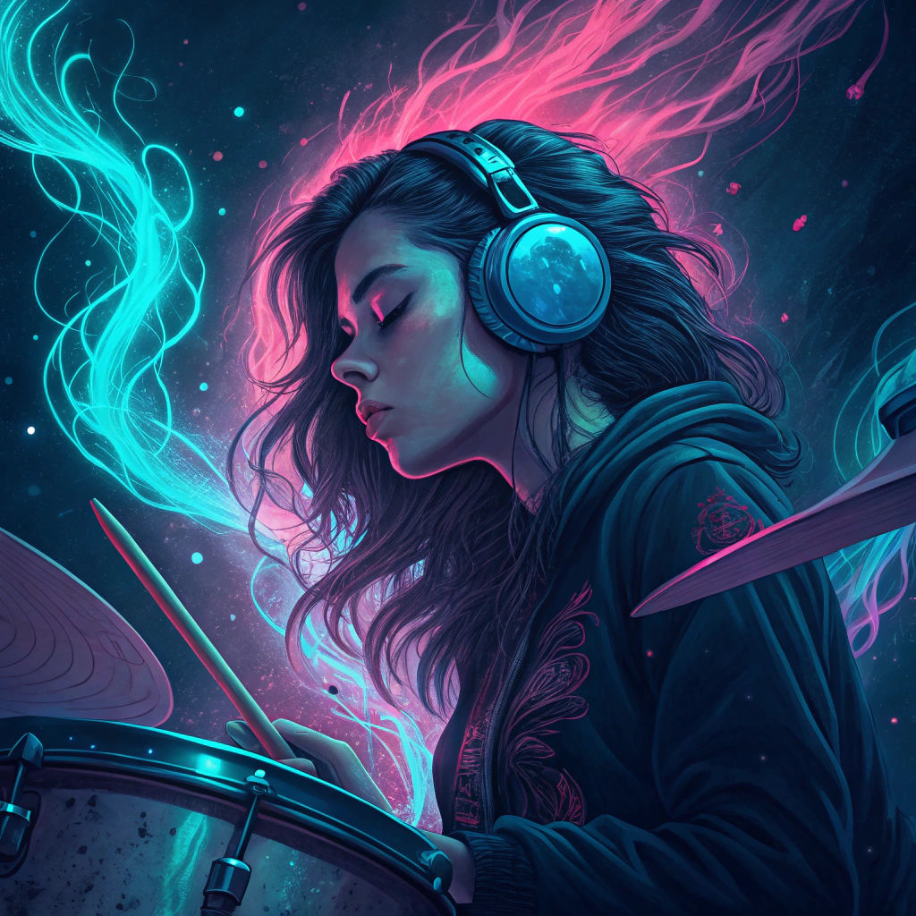 Neon Drummer Girl in Dreamlike Fantasy Concept Art