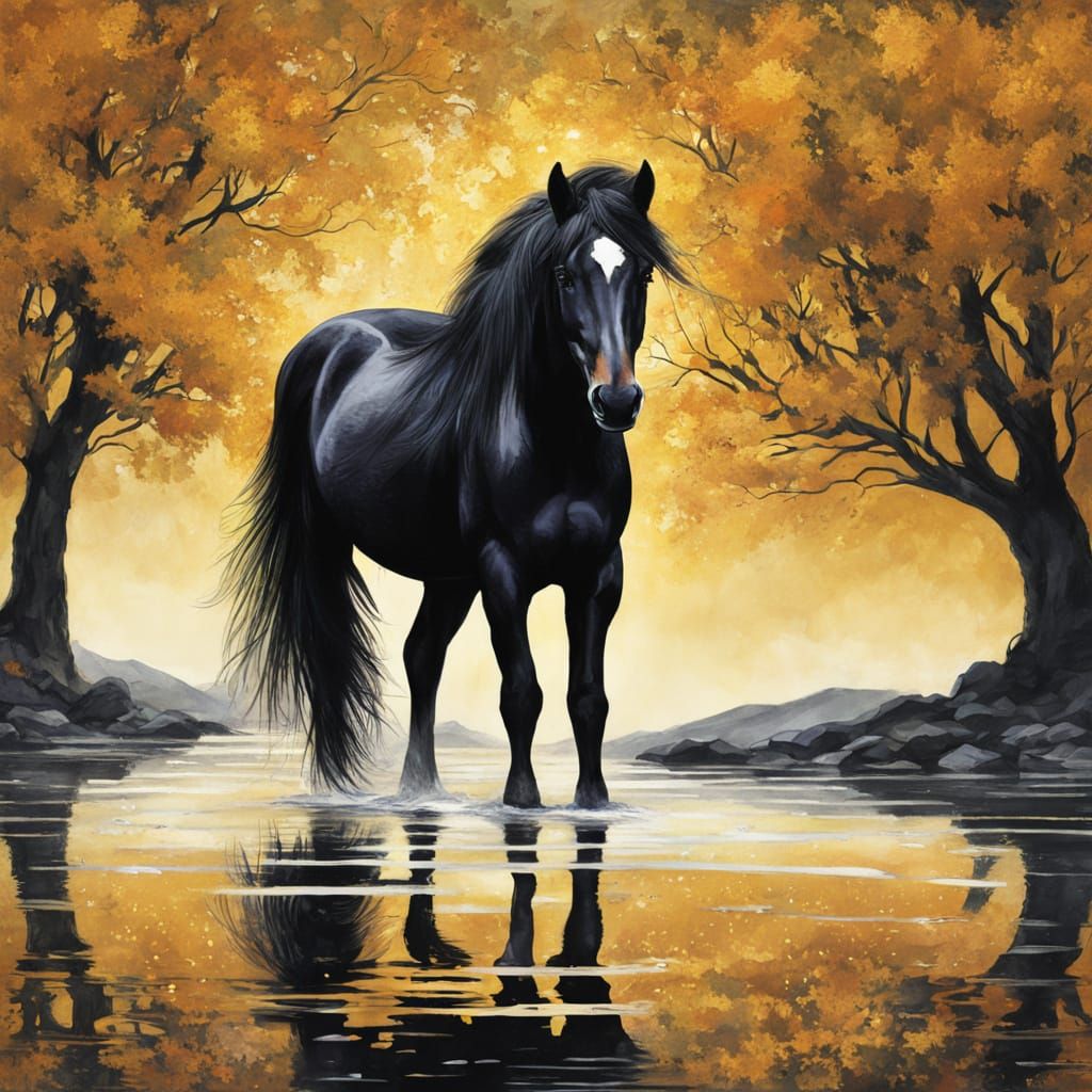 Golden Lake Pony in Surreal Abstract Expressionism