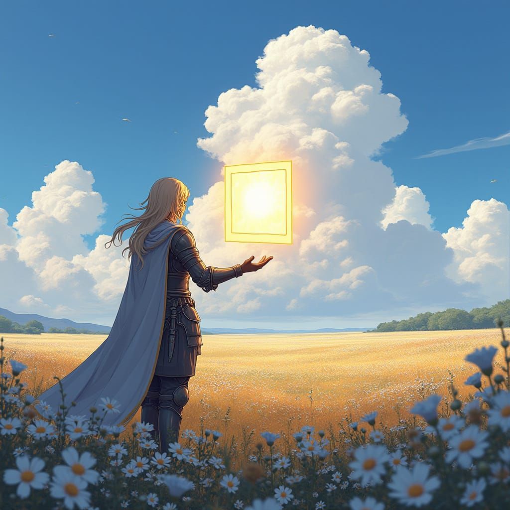 Fantasy Knight Contemplates RPG Stats in a Flowery Field