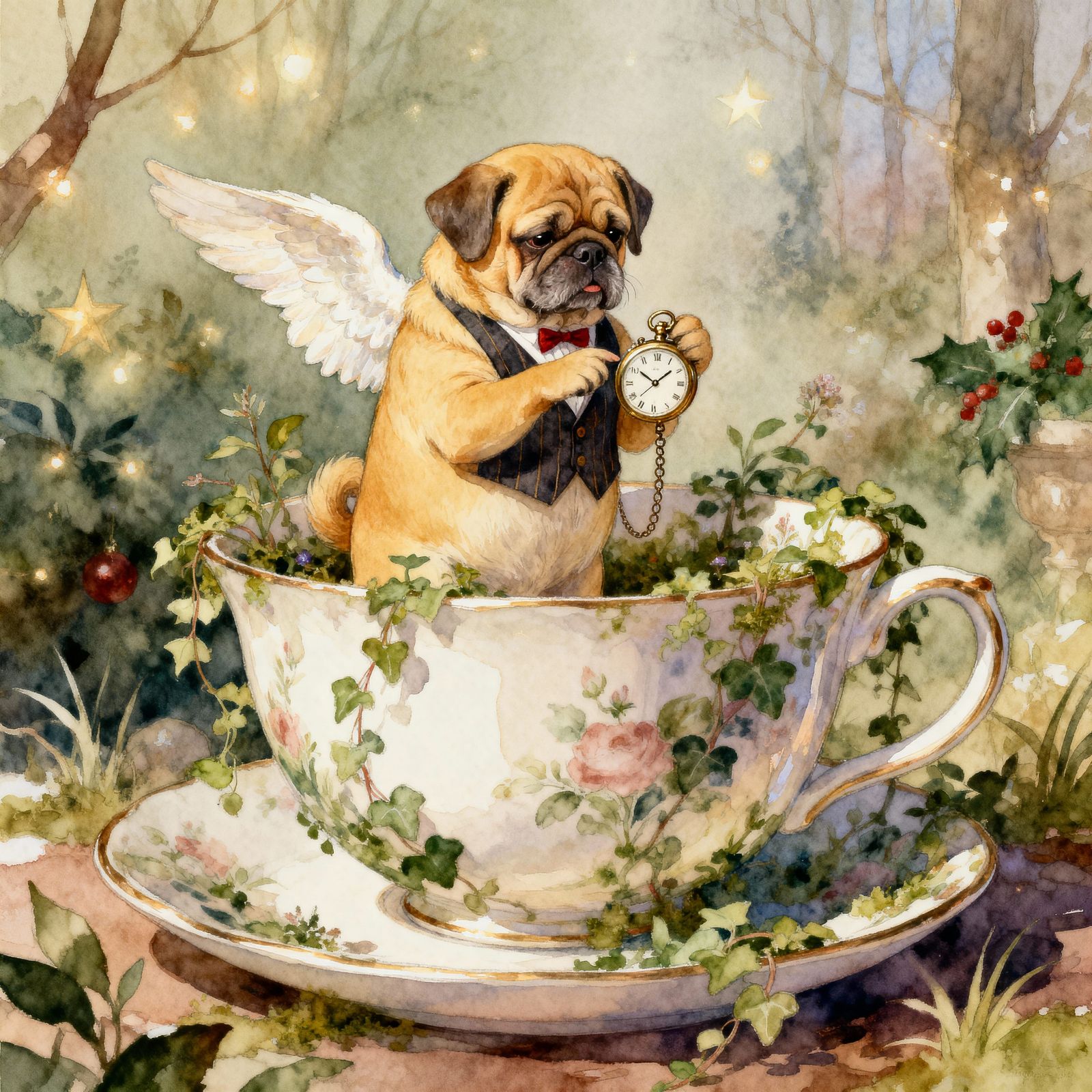 Chubby Puggle Angel in Teacup Illustration
